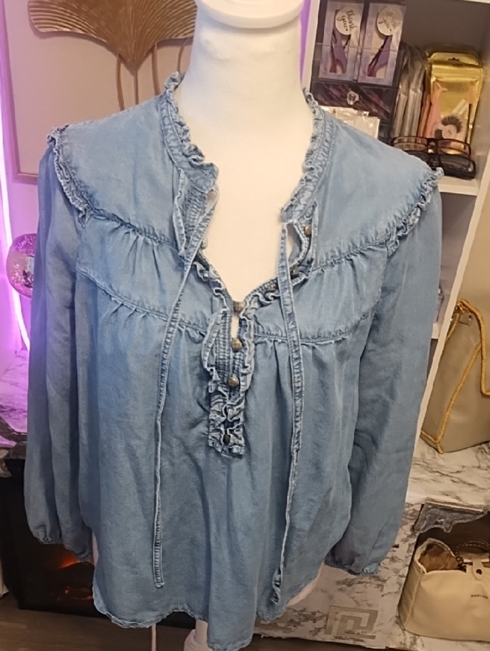 Anthropologie Light Blue Denim Ruffle Tie-Neck Blouse
